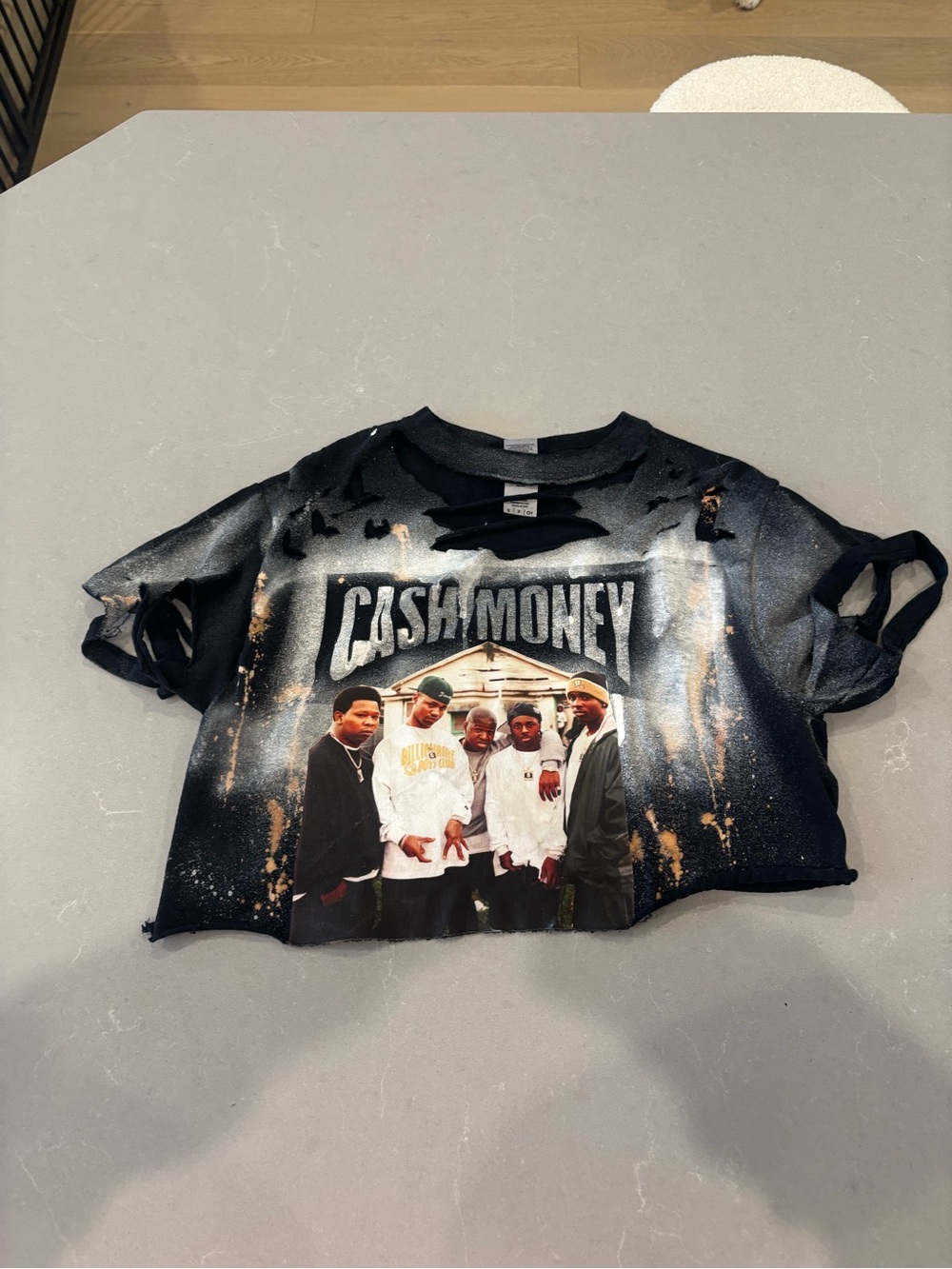 Gildan Black Graphic Cash Money Bleach-Splatter Crop Top